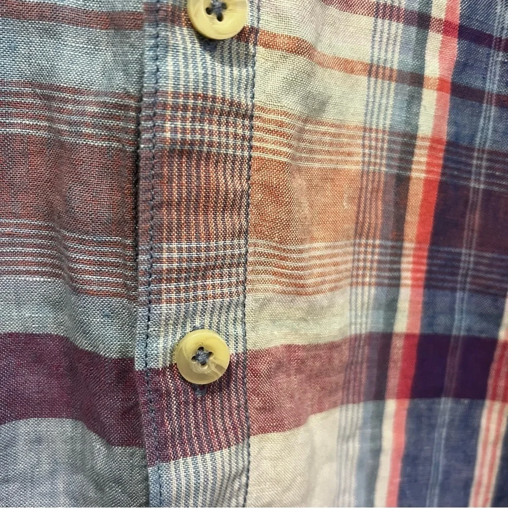 Tommy Bahama Linen Blue and Pink Plaid Button-Down Shirt size medium